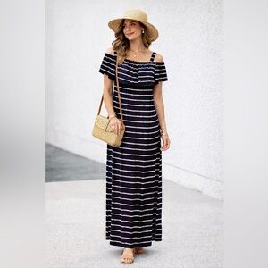 Nina Leonard adj strappy blue & white stripe Maxi Dress SZ 1X side slits ruffles